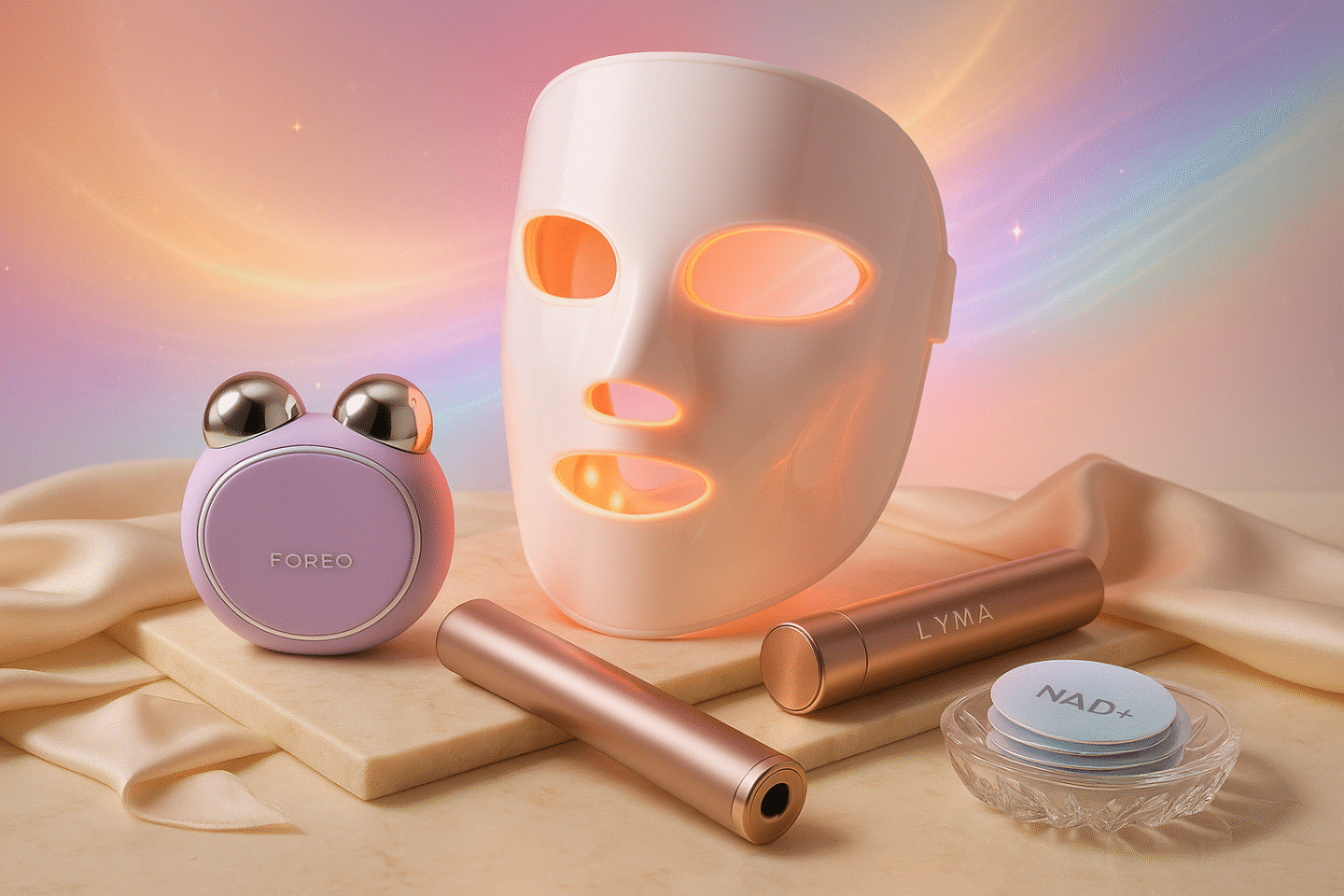 Luxury vanity still-life of the best beauty gadgets for 2026, including Foreo Bear 2, Nooance red light mask, Lyma Laser, and NAD+ patches styled in cosmic pastel lighting.