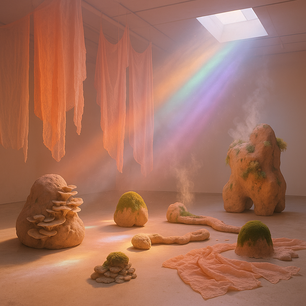 contemporary art still-life with organic sculpture, warm coral tones