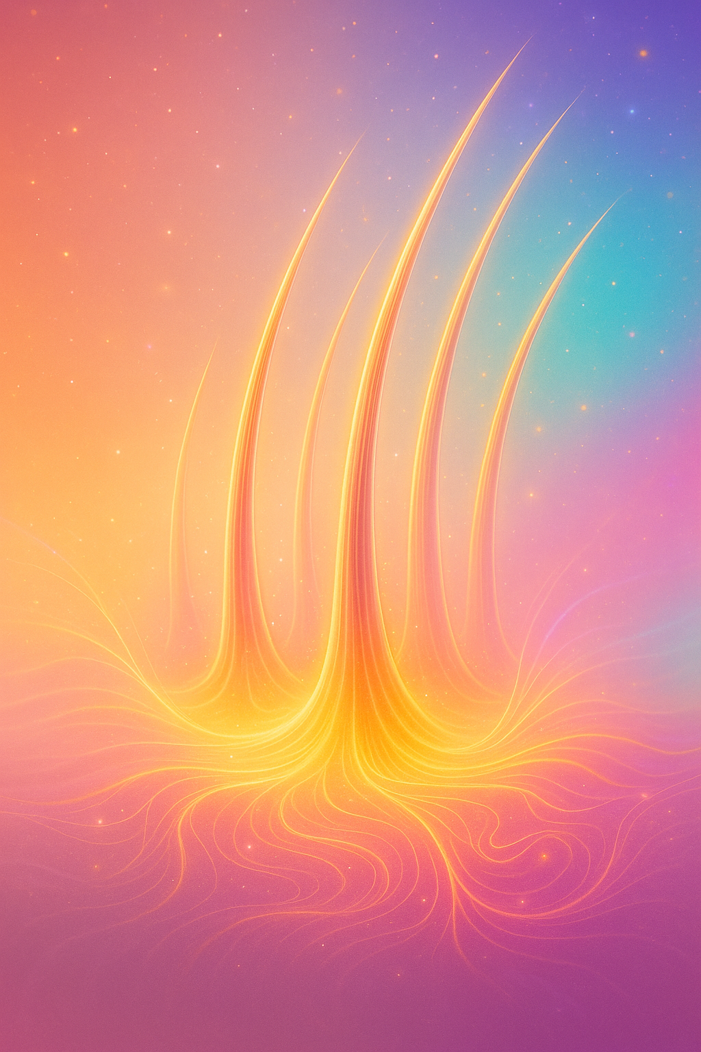 Artistic representation of glowing hair strands illuminated with cosmic pastel light, symbolising balanced hormones and healthy follicles.